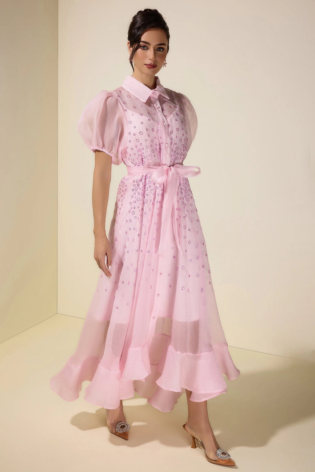 Flowering Girl Women sylvia Rhinestone Puff Sleeve Maxi Dress With Belt - pink