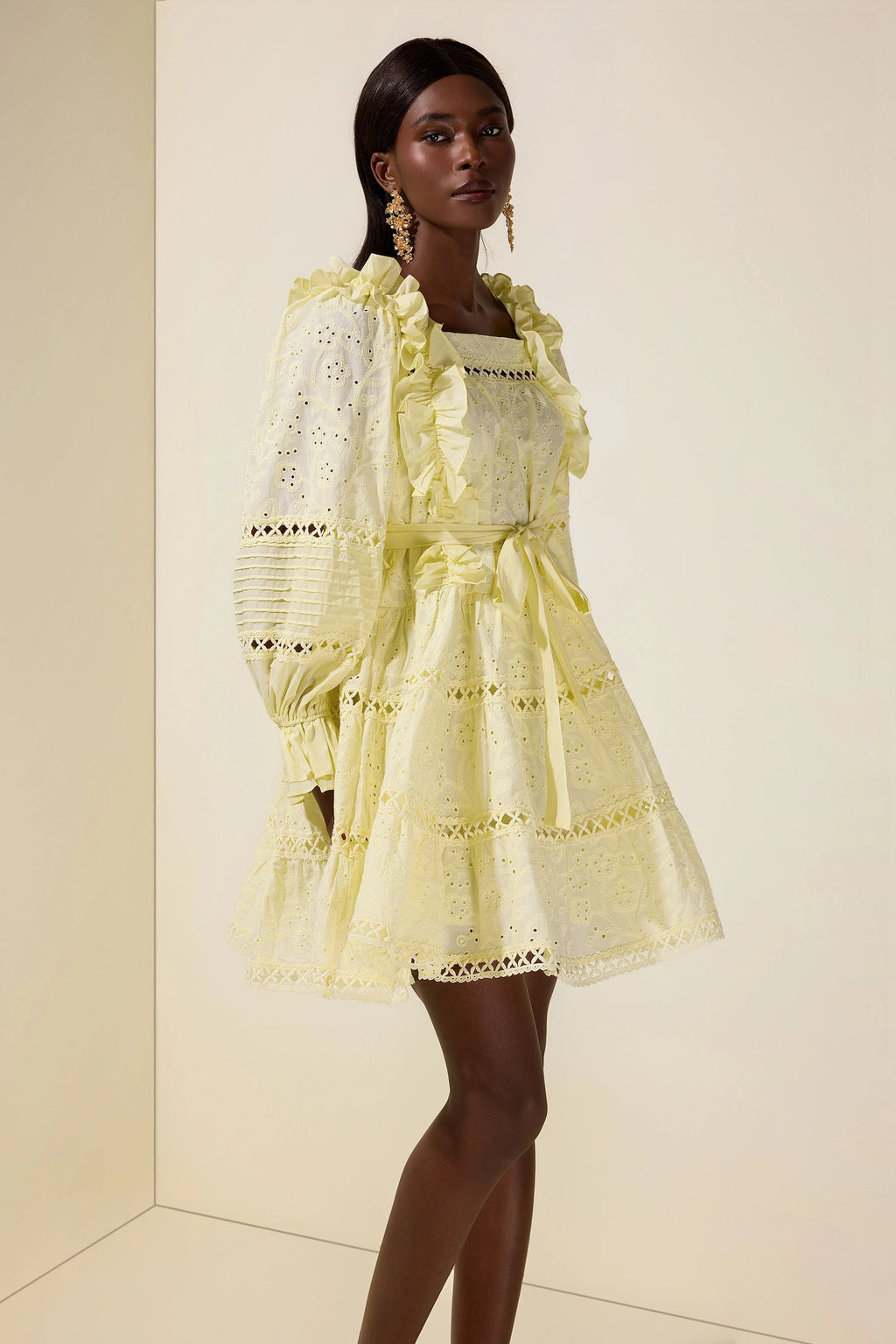 Flowering Girl Women victoria Embroidered hollow Ruffle Mini Dress - yellow