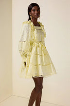 Flowering Girl Women victoria Embroidered hollow Ruffle Mini Dress - yellow
