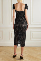 helen black Belted embellished cotton-blend lace midi dress