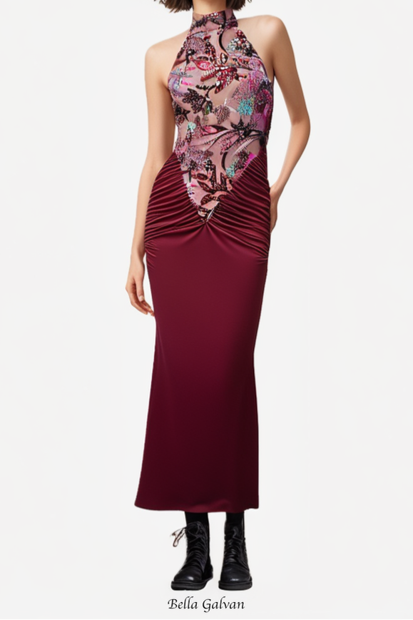 Flowering Girl Women tracy sequin embroidery halter maxi dress in red