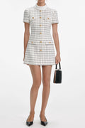 Flowering Girl Women Decorative Buttons Check Mini Dress In White