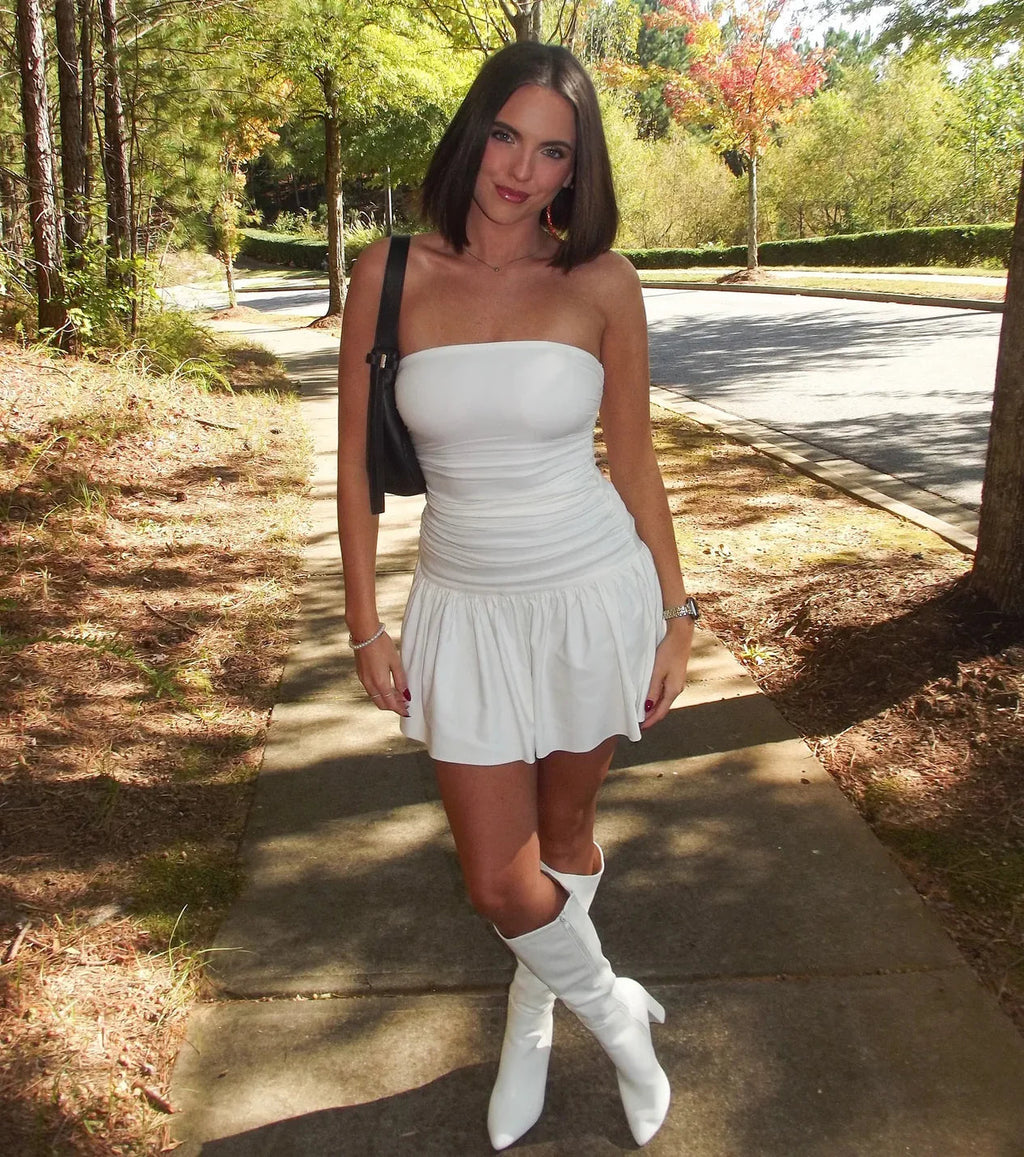 Satin Polka Dot Mini Dress in ivory