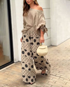 Flowering Girl Women Casual Shoulder Top & Printed Pants Two-Piece Set