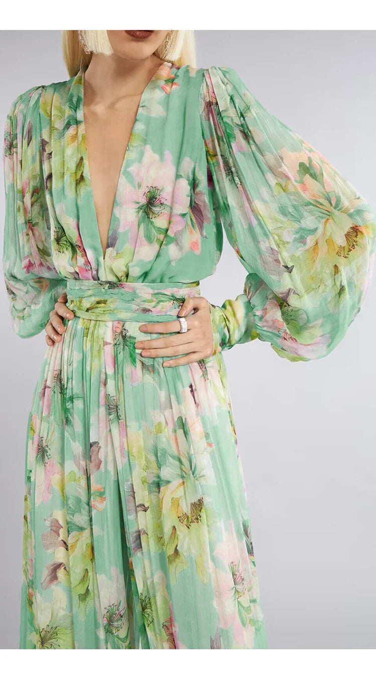V Neck Floral Print Chiffon Maxi Dress In Green