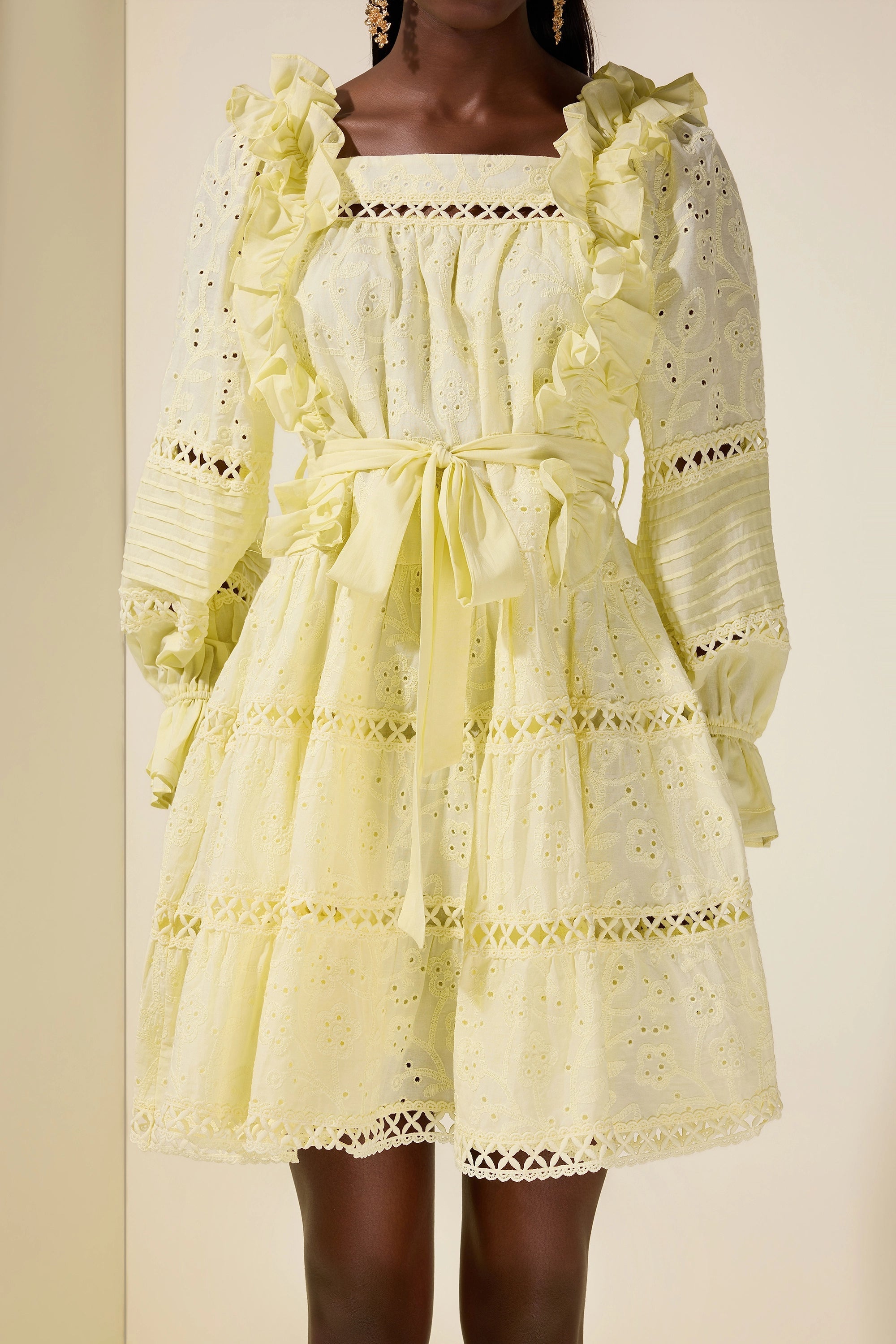 Flowering Girl Women victoria Embroidered hollow Ruffle Mini Dress - yellow