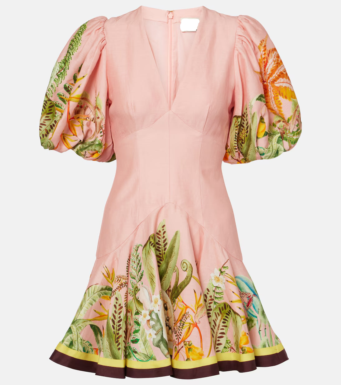 Flowering Girl Women v-neck puff sleeve cotton linen printed mini dress - pink