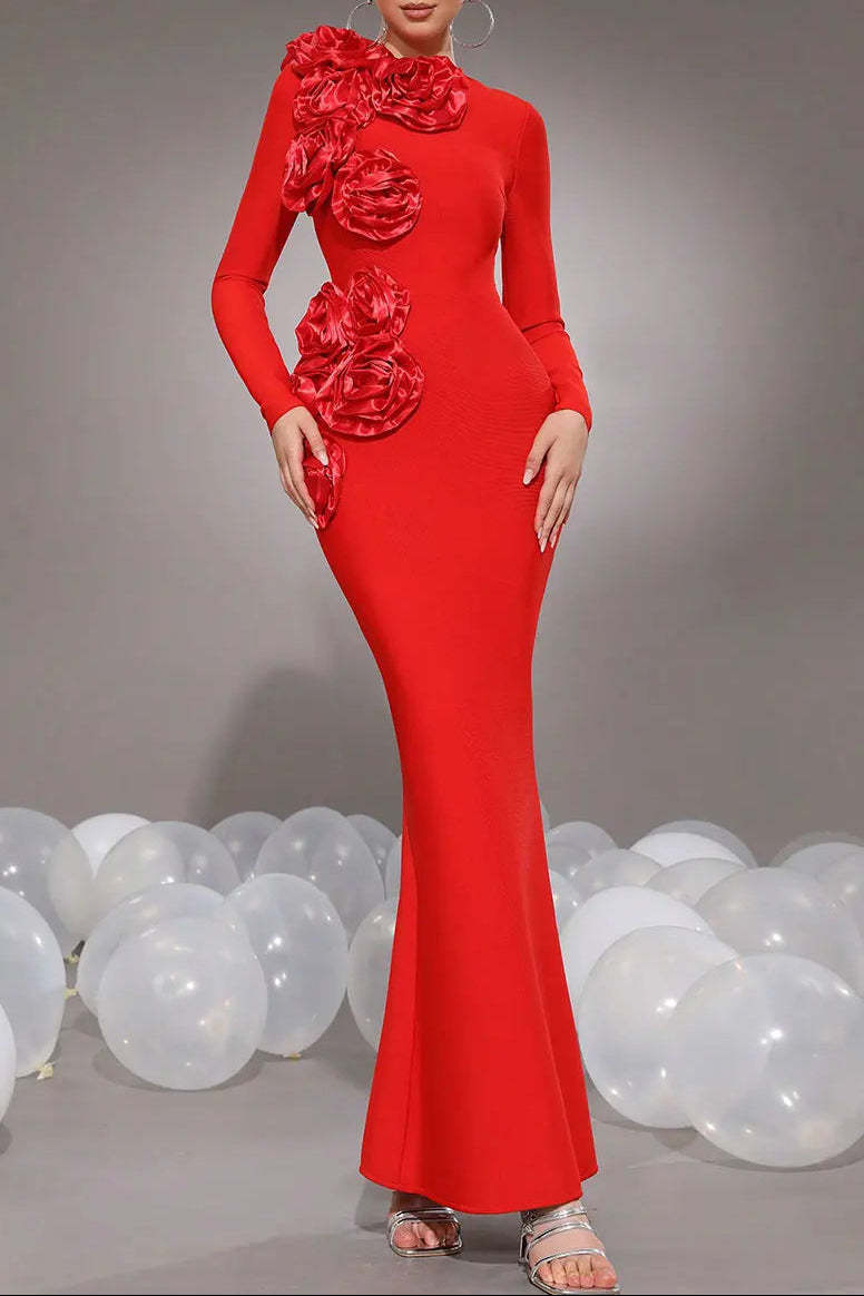 Sally 3D Flower Decorative Bandage Maxi Dress In Red