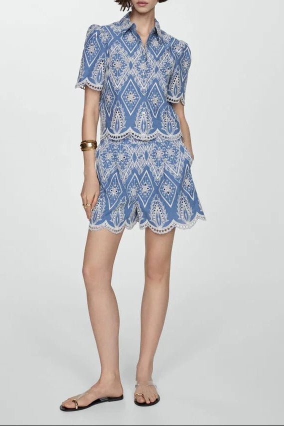 Blue & White Embroidered Puff Sleeve Lace Blouse