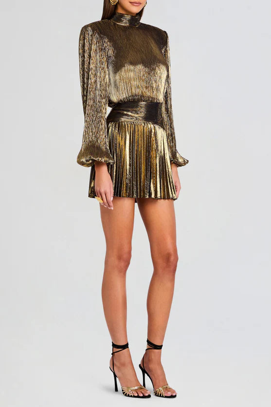 Flowering Girl Women Nancy High-Necked Lantern Sleeve Pleated Mini Dress In Gold