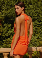 Flowering Girl Women Orange Beach Halter Neck Mini Dress