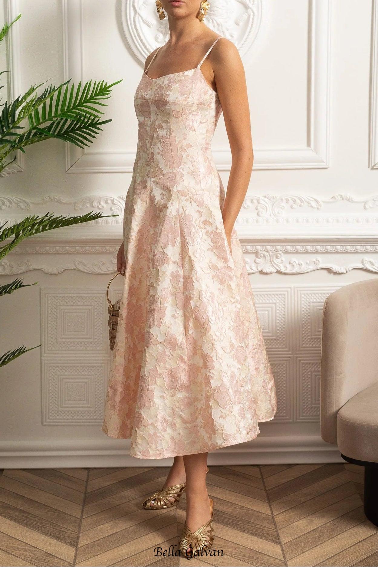 lauren Jacquard Midi Dress with Floral Motif - Blush Pink