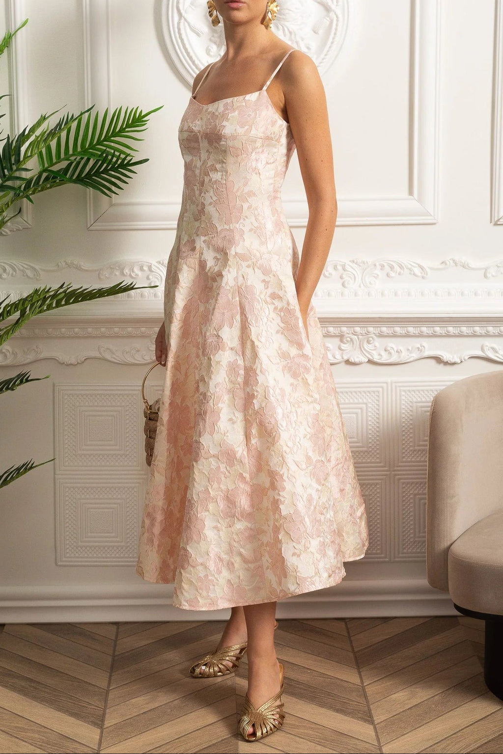 Lauren Jacquard Midi Dress With Floral Motif - Blush Pink