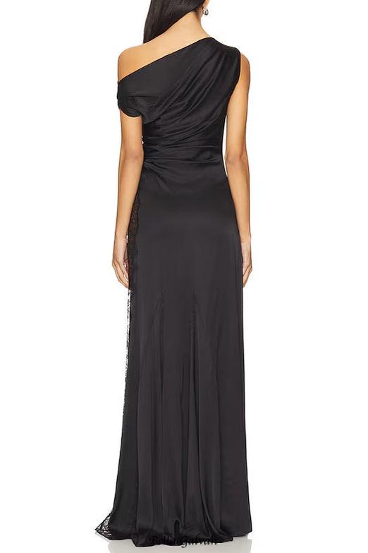 sara black Asymmetrical pleated maxi dress with side slit lace trim