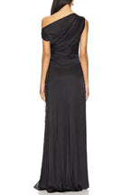 sara black Asymmetrical pleated maxi dress with side slit lace trim