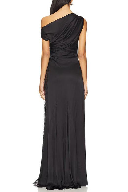 sara black Asymmetrical pleated maxi dress with side slit lace trim