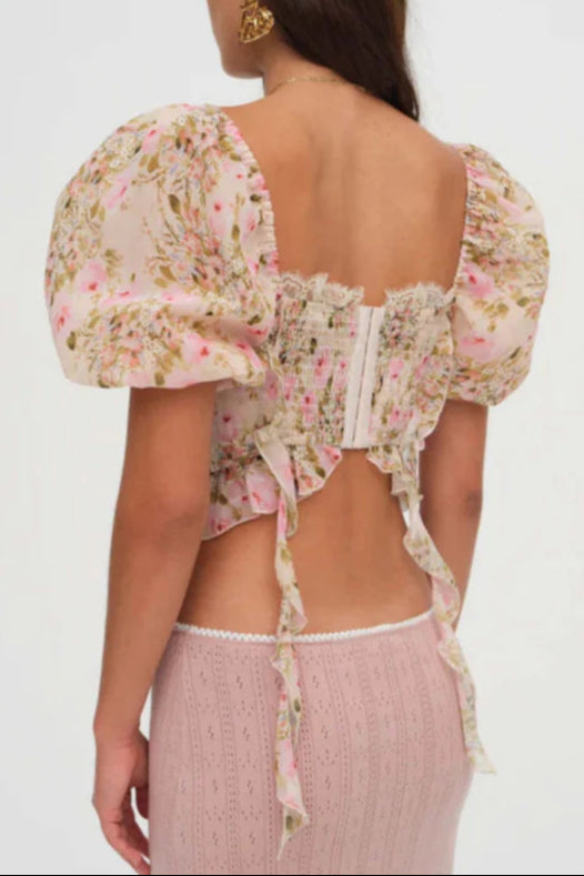 Flowering Girl Women Pink Tie-Drape Chiffon Shirt With Ruffled Puff Sleeves