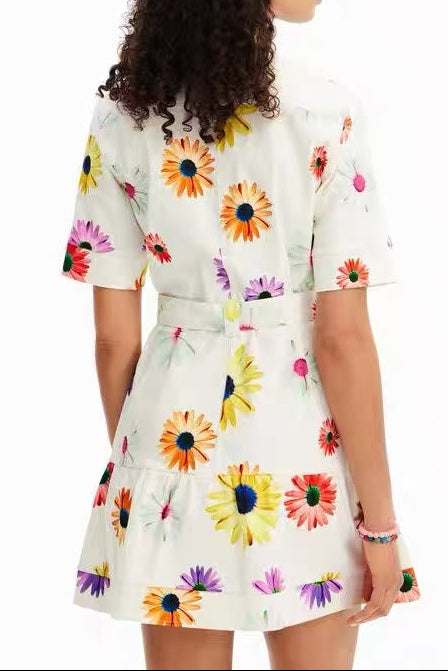 White Multicolor Daisy Print Shirt Dress with Belt