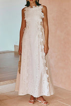 Flowering Girl Women Lace Trim Embroidery Hollow Midi Dress In White