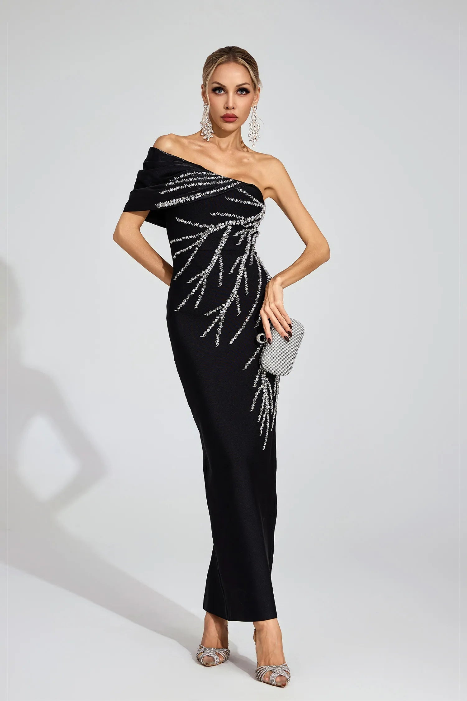 Xaviera Black Diamond Bandage Strapless Maxi Dress