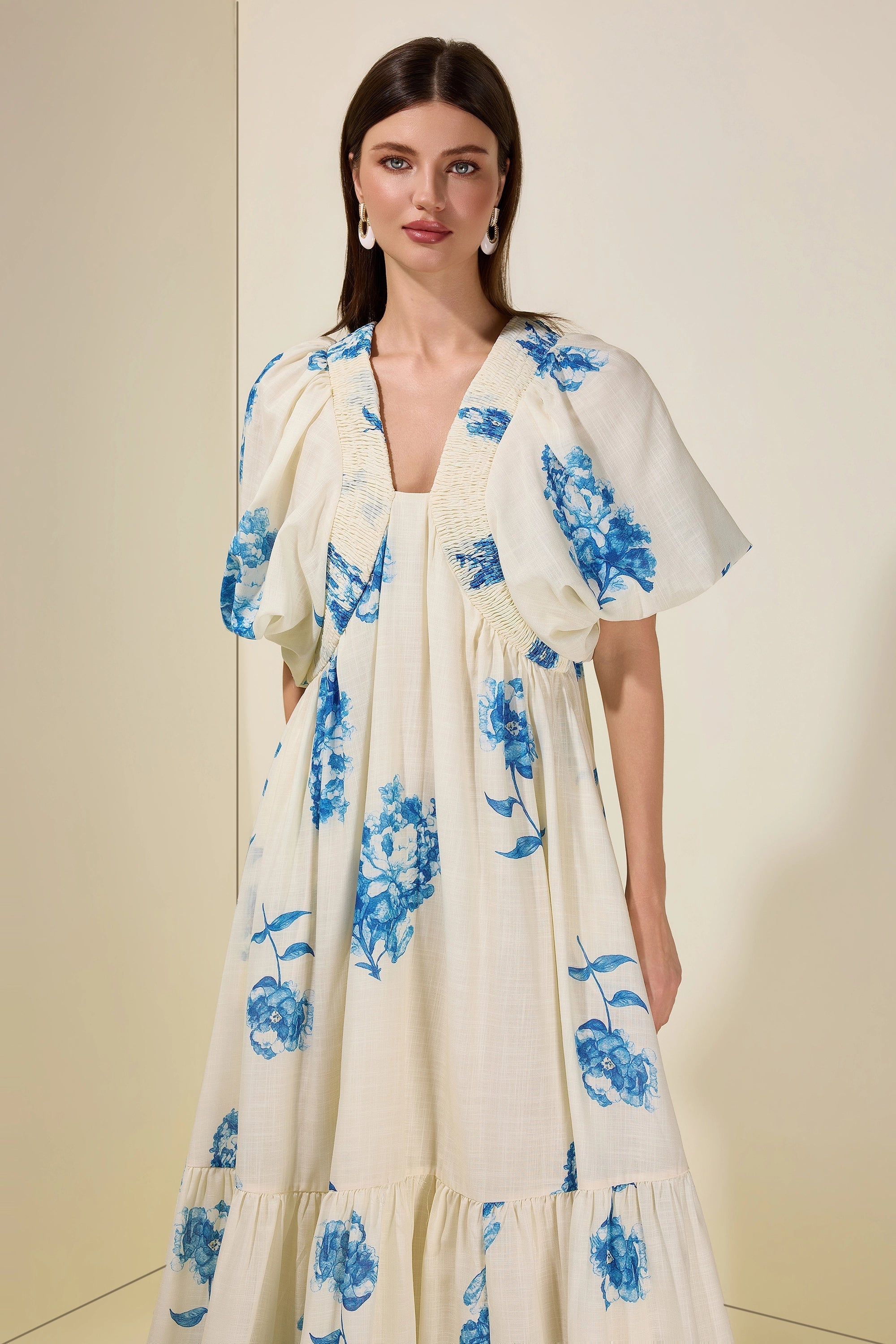 Flowering Girl Women susie Print Smocking Puff Sleeve Midi Dress - blue