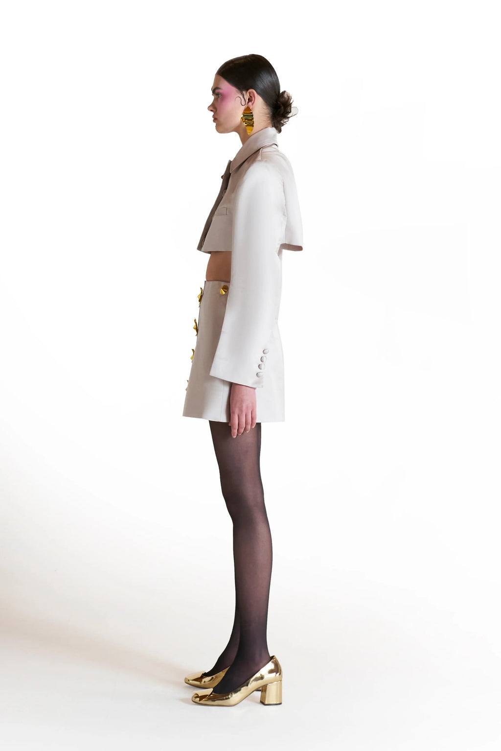 Odelette Metal Buttoned Blazer Skirt Set In Beige