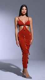 Deep-V Diamond Tassels Bandage Maxi Dress in red