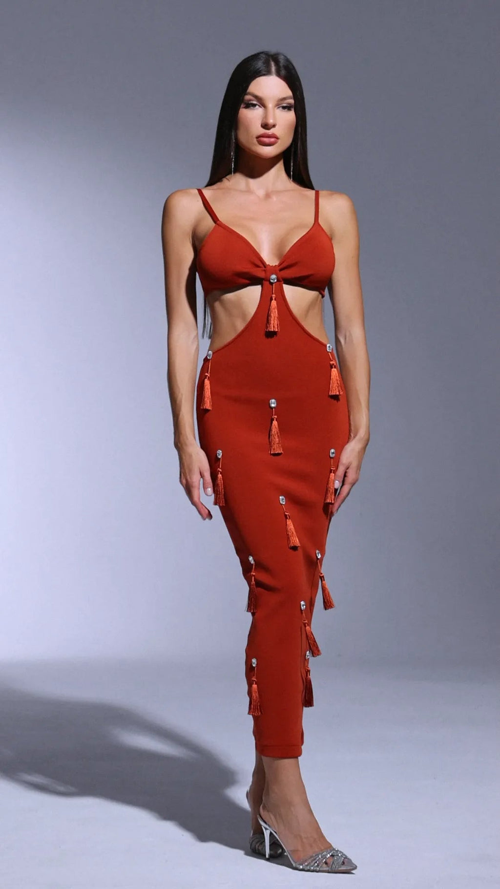 Deep-V Diamond Tassels Bandage Maxi Dress In Red