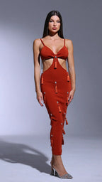 Deep-V Diamond Tassels Bandage Maxi Dress In Red