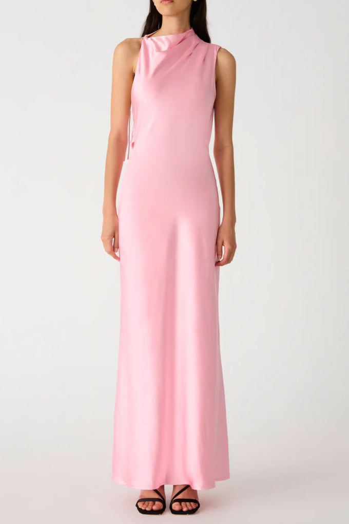sleeveless backless satin maxi dress in pink