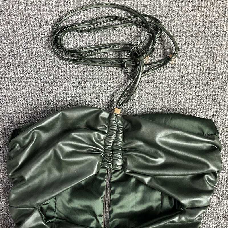 Flowering Girl Women Green Backpack-Baring Butt Pleated Dress
