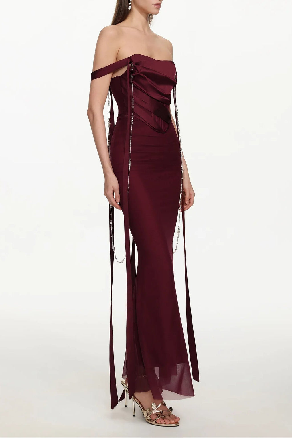 ursula burgundy Sleeveless Ribbon Pleated Maxi Dress