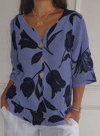 Flowering Girl Women Printed Linen-Cotton V-Neck Pullover Shirt