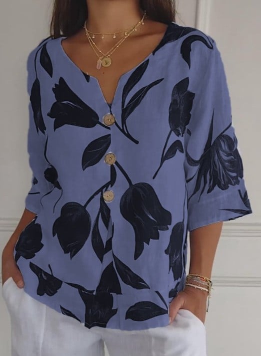 Flowering Girl Women Printed Linen-Cotton V-Neck Pullover Shirt