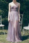 embellished tulle corset maxi dress in purple