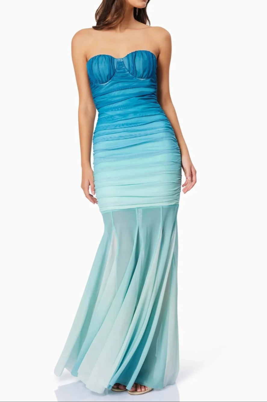 Flowering Girl Women Gradient Mesh Splicing Bodycon Strapless Maxi Dress In Blue