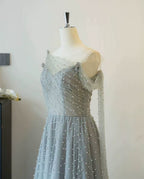 Dusty Blue One-Shoulder Pearl Maxi Evening Dress