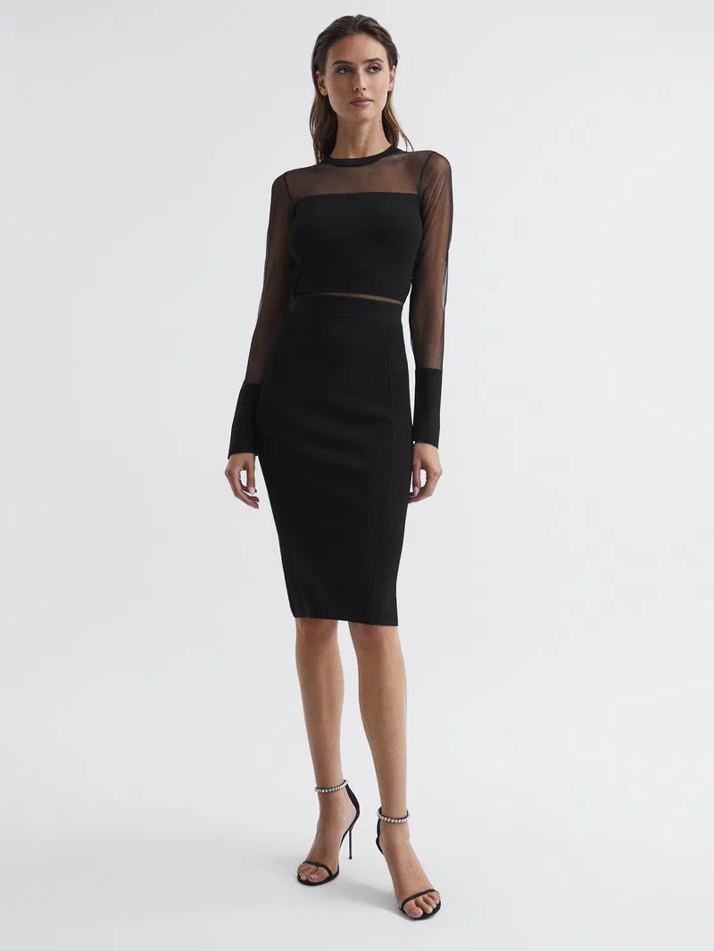 Flowering Girl Women lyla knitted sheer sleeve midi dress in black