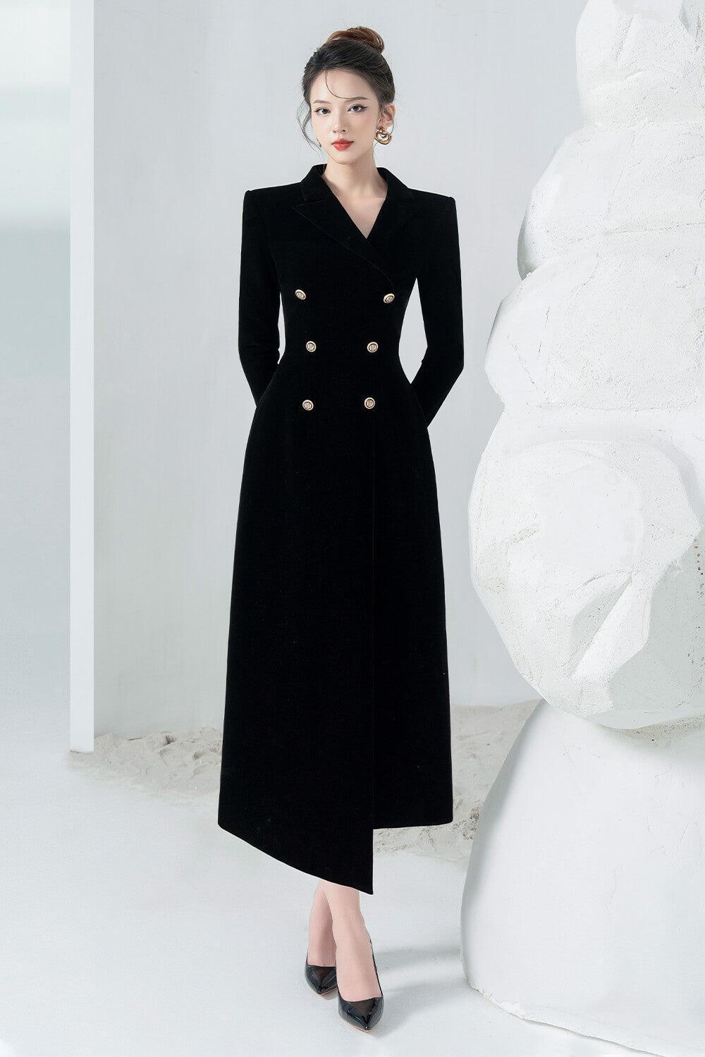 Flowering Girl Women Caloria Asymmetric Notch Lapel Velvet Midi Dress