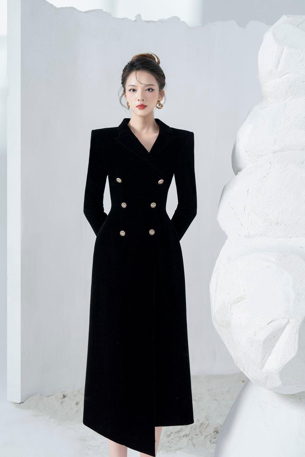 Flowering Girl Women Caloria Asymmetric Notch Lapel Velvet Midi Dress