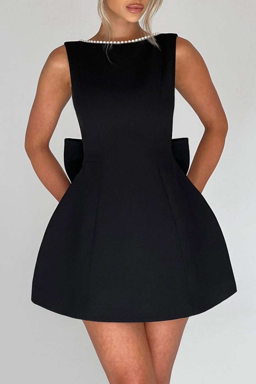 Flowering Girl Women Trista Bowknot Pearl Backless Mini Dress In Black