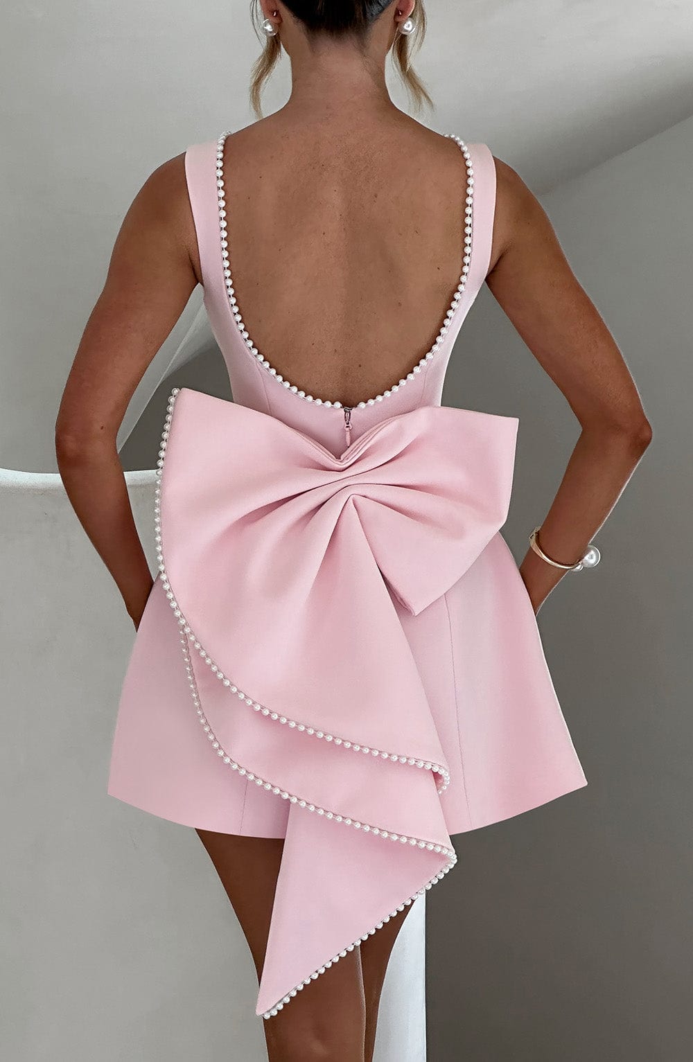 Flowering Girl Women Trista Bowknot Pearl Backless Mini Dress In Pink