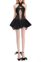 Flowering Girl Women Amelia Halter Neck Tube Top With Cross Straps Mini Dress In Black