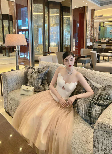 Flowering Girl Women Two-Tone Hollow Tube Top Tulle Midi Dress