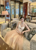 Flowering Girl Women Two-Tone Hollow Tube Top Tulle Midi Dress