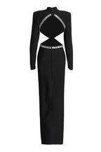 Flowering Girl Women baguette crystals side cutouts embroidered Black crêpe maxi dress