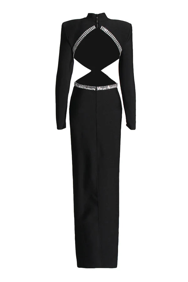Flowering Girl Women baguette crystals side cutouts embroidered Black crêpe maxi dress