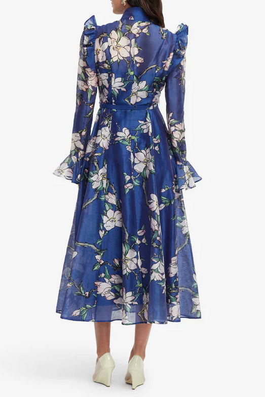 Flowering Girl Women Floral Print Butterfly Sleeve Maxi Dress - Midnight Blue
