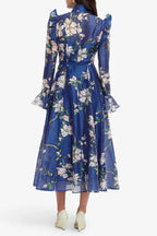 Flowering Girl Women Floral Print Butterfly Sleeve Maxi Dress - Midnight Blue