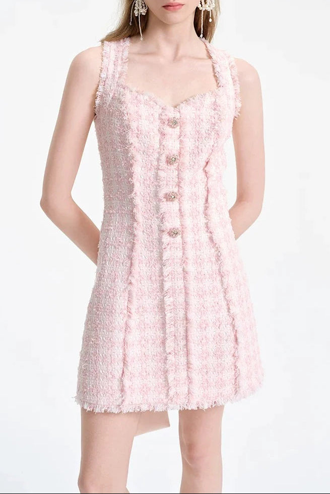 Ophelia Pink Square Neck Tweed Trim Mini Dress